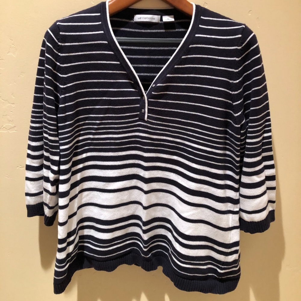 Nautical Striped Cotton Sweater, 3/4 Sleeve